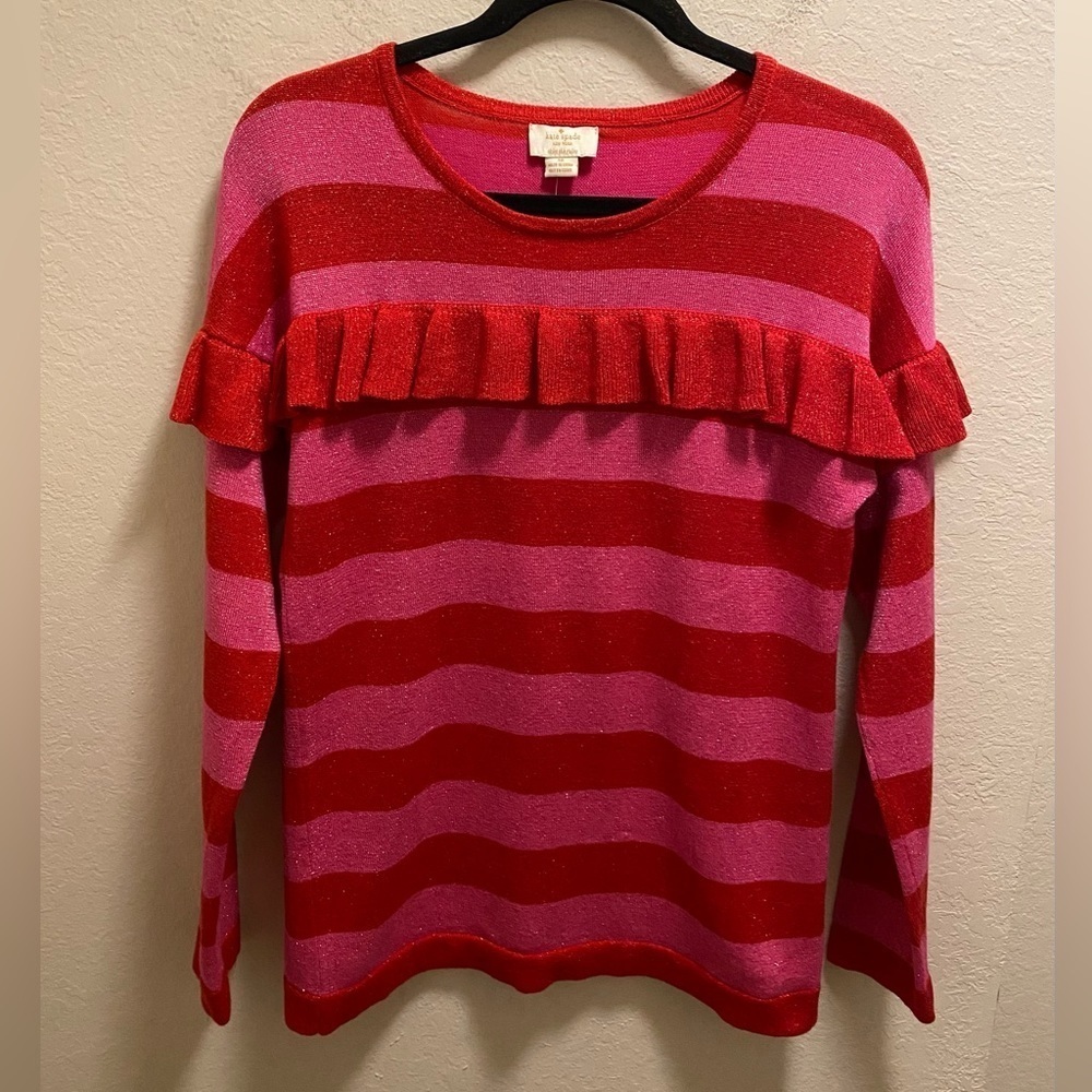 Kate Spade Girls Metallic Knit Ruffle Sweater Size 14 In Lollipop Red/Bouga NEW